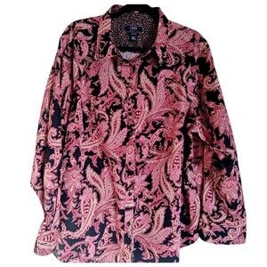 Chaps No Iron Button Front Black & Pink Paisley 100% Cotton Blouse size 2X